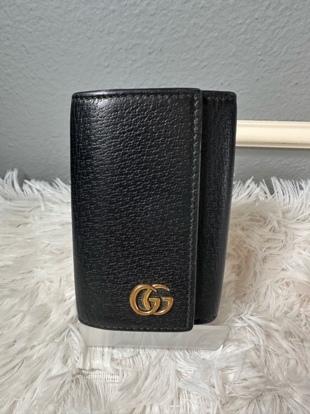 Gucci Black Pebbled Leather Key & Card Holder with Gold GG